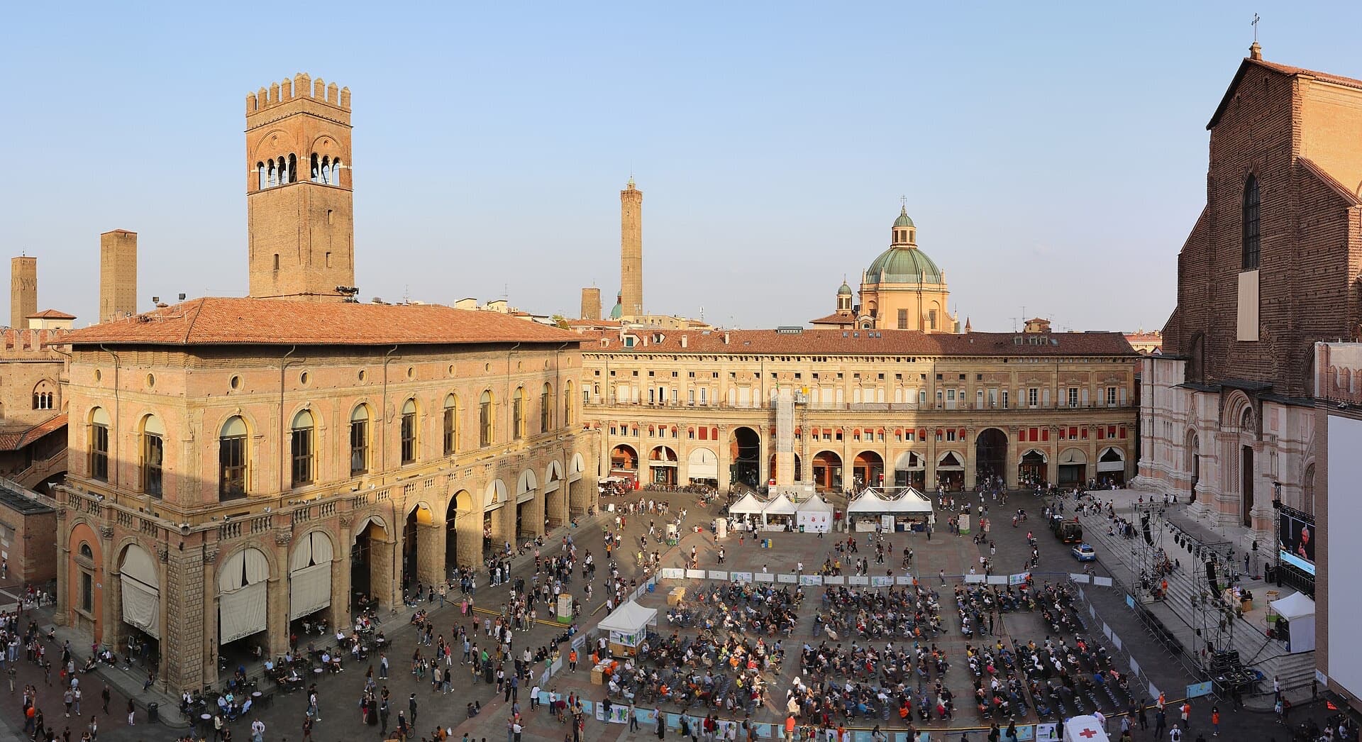 Piazza Maggiore in Bologna at golden hour