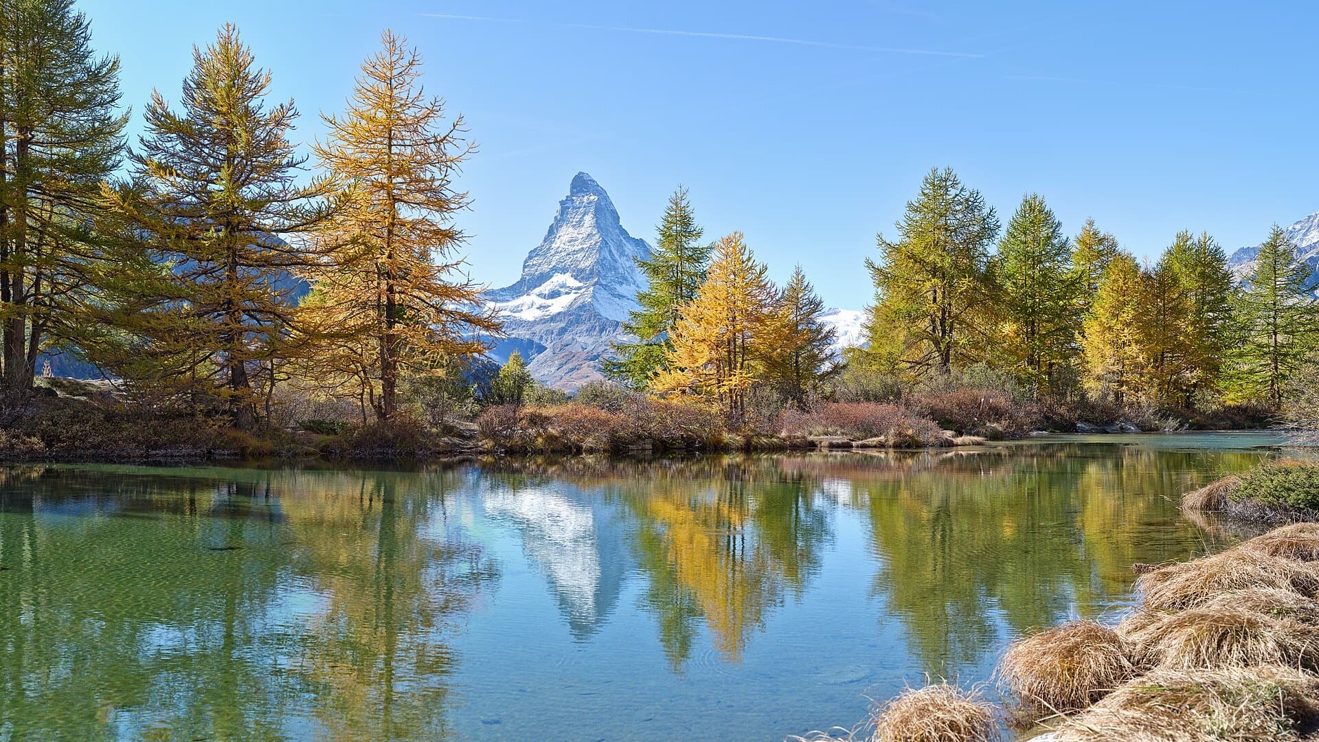The Matterhorn reflected in Grindjisee lake above Zermatt
